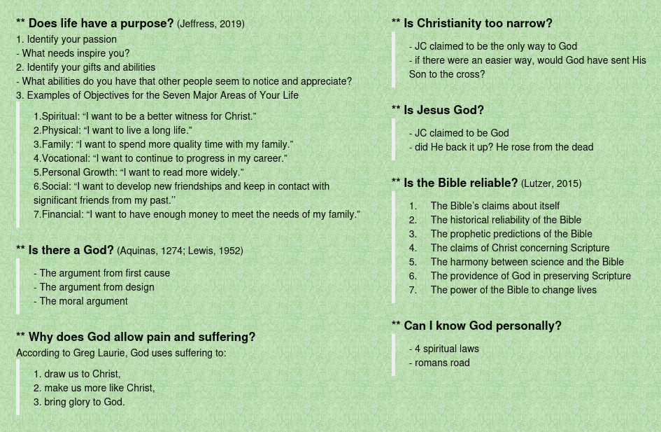 Meaning of life questions with answers, referencing Jeffress, Aquinas, Laurie, Jesus, Lutzer, Bright, and others